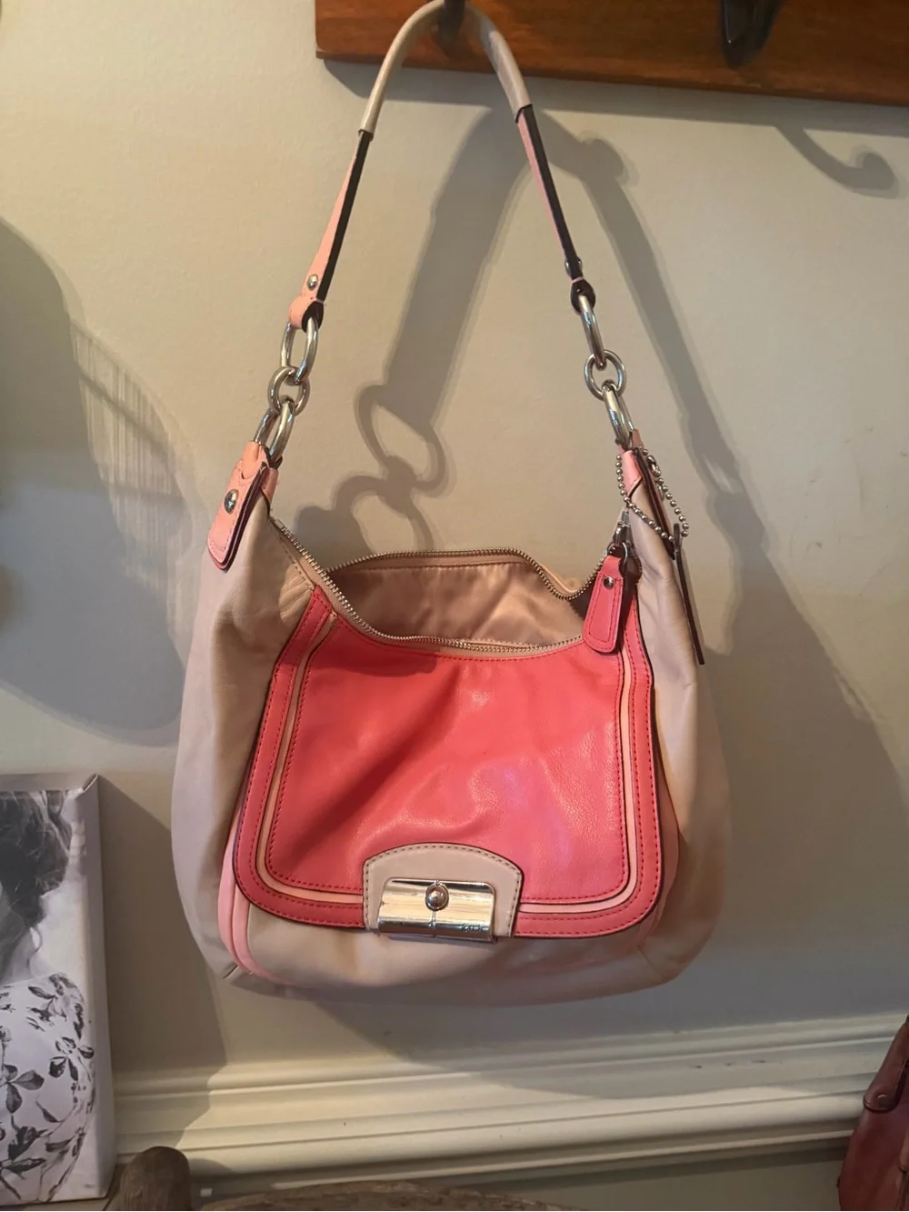 Coach Coral Pink and Cream Leather Shoulder Bag